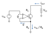 Operational-amplifier based current sink. Because the op amp is modeled as a nullor, op amp input variables are zero regardless of the values for its output variables.
