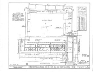 (PD) Drawing: U.S. Historic American Buildings Survey A general plan drawing of Mission San Miguel Arcángel as prepared by the Historic American Buildings Survey in 1937.