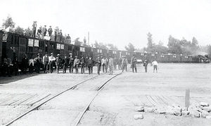 (PD) Photo: Unknown A special fast fruit leaving Central Pacific Railroad passenger station, June 24, 1886. This train was chartered by W. R. Strong & Co. and Edwin T. Earl, fruit packers and shippers, Sacramento.