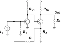 Two-transistor feedback amplifier; any source impedance RS is lumped in with the base resistor RB.