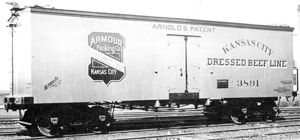 (PD) Photo: Smithsonian Institution A Pullman-built "shorty" reefer bears the Armour Packing Co. · Kansas City logo, circa 1885. The name of the "patentee" was displayed on the car's exterior, a practice intended to "... impress the shipper and intimidate the competition ...," even though most patents covered trivial or already-established design concepts.