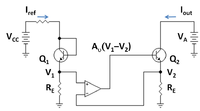 Gain-boosted current mirror with op amp feedback to increase output resistance.