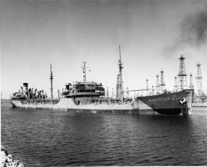 (PD) Photo: United States Navy USNS Mission San Jose (T-AO-125) underway in Long Beach Harbor area, date unknown.