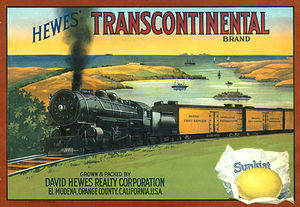 © Image: Orange Public Library A crate label for Hewes' Transcontinental Brand of El Modena, California, circa 1930 depicts a trainload of Pacific Fruit Express (PFE) ventilated refrigerator cars passing near San Francisco Bay.