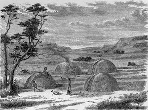 (PD) Drawing: Stephen Powers Patwin earth lodges near Mission San José, 1877.