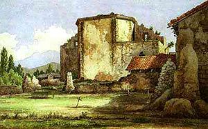 (PD) Painting: Henry Chapman Ford Misión San Juan de Capistrano. The 1880 work depicts the rear of the ruined "Great Stone Church" as well as part of the mission's campo santos. A portion of "Serra's Church" is also visible at right.