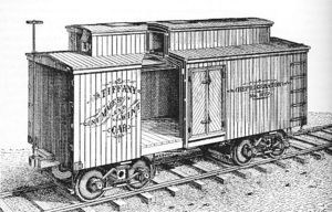 (PD) Engraving: Railroad Gazette This engraving of Tiffany's original "Summer and Winter Car" appeared in the Railroad Gazette just before Joel Tiffany received his refrigerator car patent in July, 1877. Tiffany's design mounted the ice tank in a clerestory atop the car's roof, and relied on a train's motion to circulate cool air throughout the cargo space.