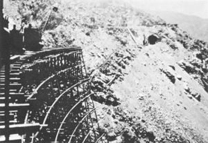 (PD) Photo: Unknown The massive wooden trestle under construction at Carriso Gorge, circa 1916.